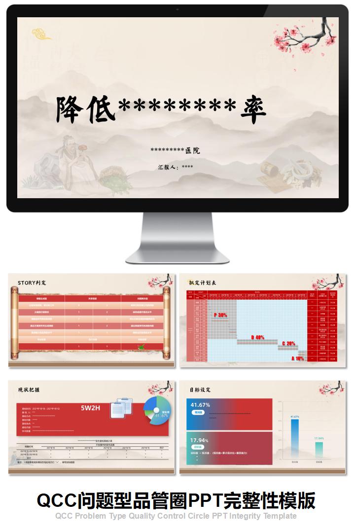 中医梅花系列风格问题型品管圈PPT模版